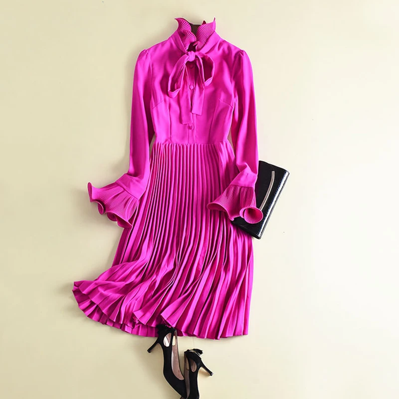 

HIGH QUALITY Newest 2019 Designer Fashion Runway Dress Women's Flare Sleeve Bow Collar Midi Pleated Dress