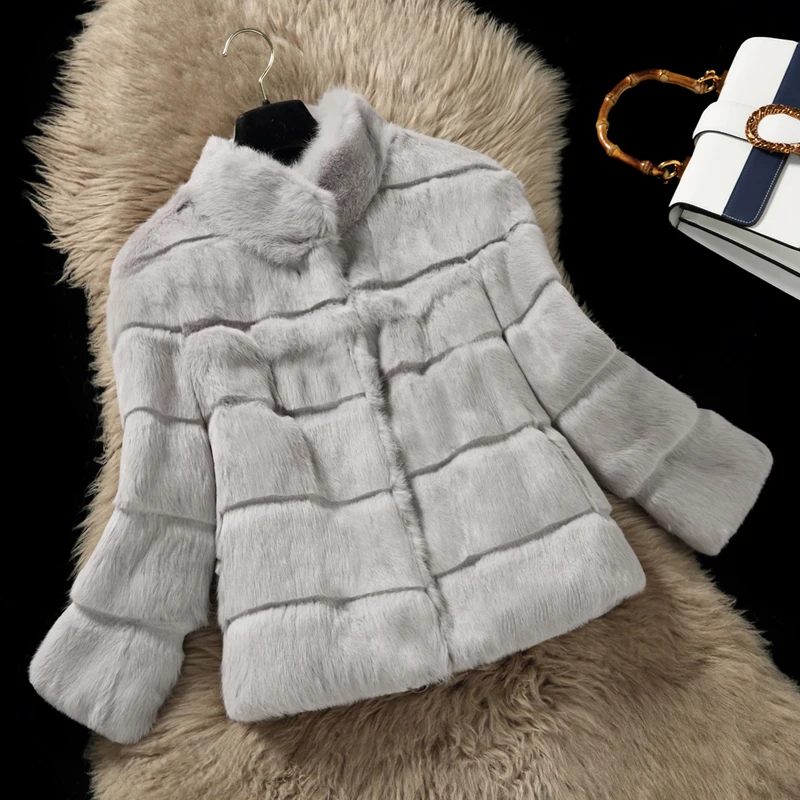 Новое пальто из натурального кроличьего меха, Женская куртка из кроличьего меха, пальто из кроличьего меха с воротником на заказ размера плюс F1066