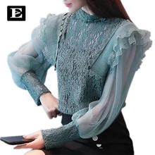 

EveingAsky S-3XL Autumn Women's Shirts Long-sleeved Blouses Slim Basic Tops Plus Size Hollow Lace Shirts Female High Quality