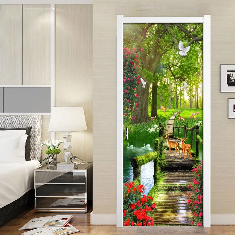 Green Forest Scenery PVC Waterproof Self-Adhesive Door Sticker Wallpaper For Living Room Bedroom Door Decals Mural Wall Sticker