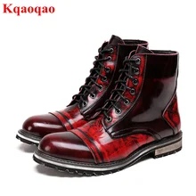 Wine Red Color Mid-calf Men Boots Front Lace Up Short Booties Med Heel Autumn Winter High Top Shoes Brand Superstar Runway Shoes
