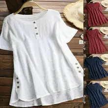 Женская летняя блузка с коротким рукавом, Женская хлопковая Льняная блуза, женские повседневные Рубашки, Топы, женская блуза размера плюс S-5XL
