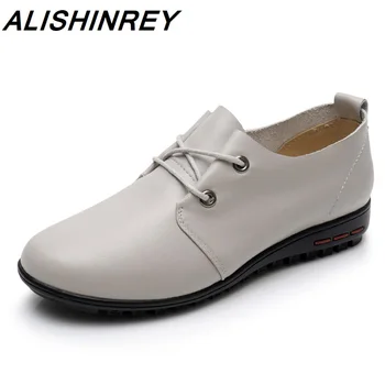 

ALISHINREY Fashion Women Shoes Flat Shoes Genuine Leather Non-slip Soft Casual Shoes Women Soild Lace-up Loafers Flats Plus size