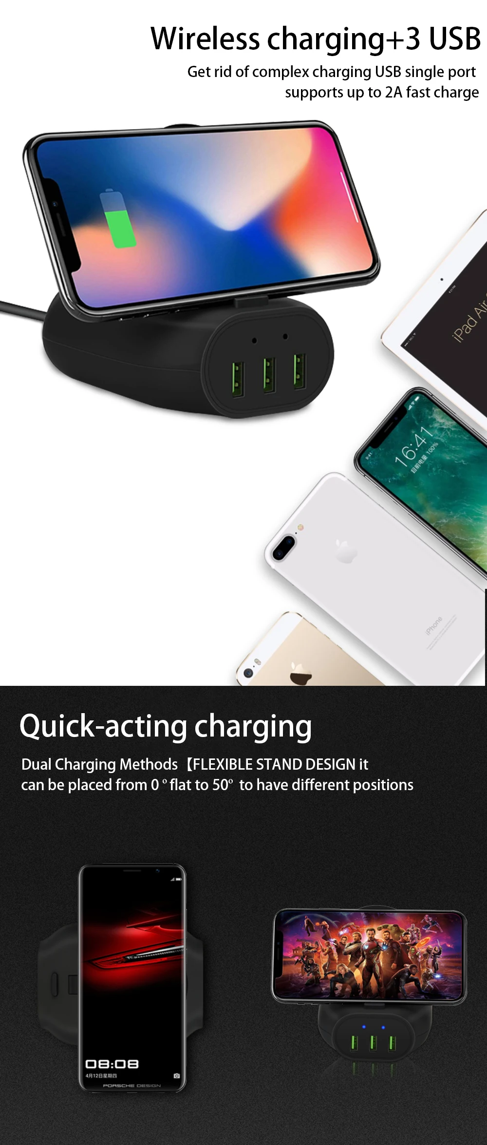 Ascromy 3 USB QI Wireless Fast Charger Stand For Samsung Galaxy S9 Plus S8 S9plus S7 Note 8 9 iPhone X 8 Chargeur Induction Dock (3)