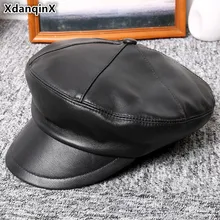 XdanqinX Новая модная плоская кепка s для мужчин и женщин шляпа из натуральной кожи овчины британские элегантные армейские военные шапки пара Кожаная шапка
