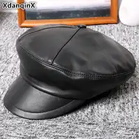 XdanqinX New Fashion Flat Caps For Men Women Genuine Leather Hat Sheepskin British Elegant Army Military Hats Couple Leather Cap