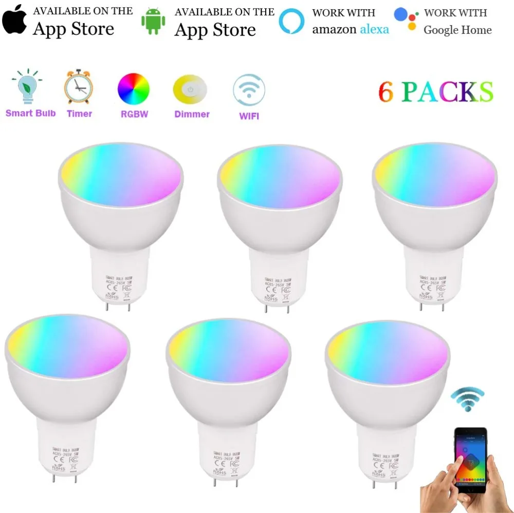 

WiFi Smart Bulb GU5.3 5W,RGBW Smart LED Light,WiFi Smart Light GU5.3, 50W Equivalent,Works with Alexa Google Home (6 Pack)
