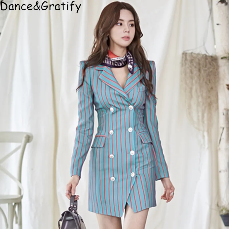 

New 2019 Summer Women's Double Breasted Striped Office Work Dress New Notched Collar Blazer Bodycon Party Dress For Fashion Lady