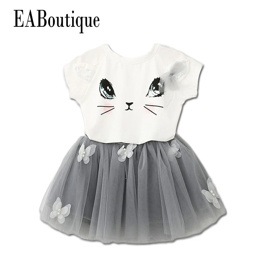 EABoutique 2017 New fashion girls clothes kitten printed short sleeve