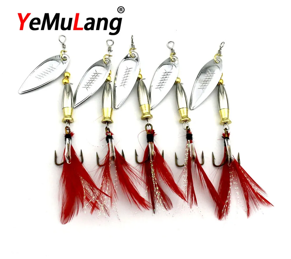 

YeMuLang 1PCS Spinner Bait Metal Artificial Fishing Lure Double Tail Propeller Hard Baits With 6# Feather Hook Trout Carp