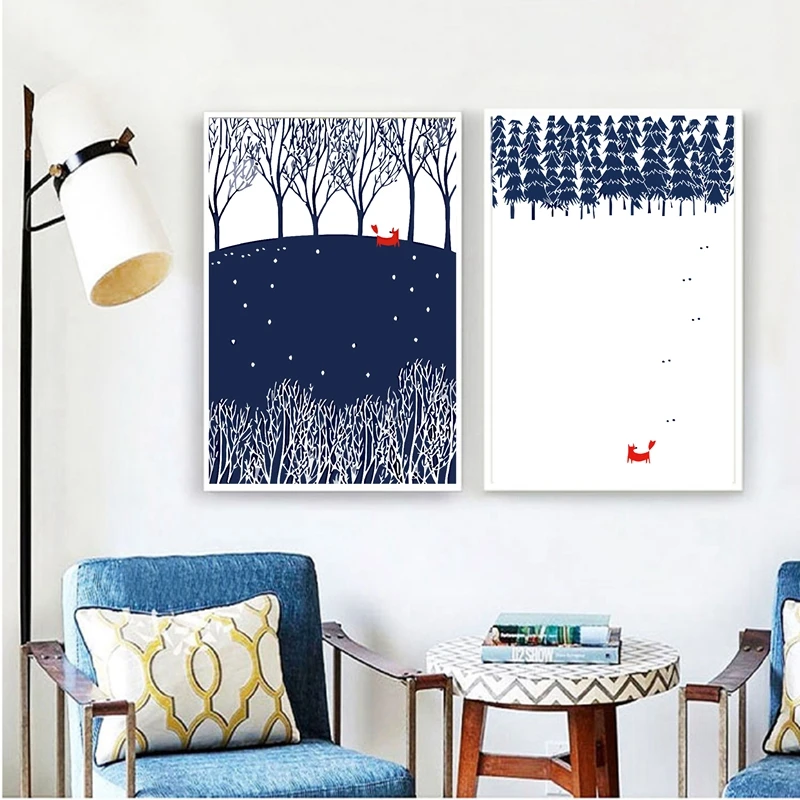 

Modern Nordic Minimalist Landscape Animal Fox Winter forest Snow Art Print Poster Wall Picture Canvas Painting Home Decor