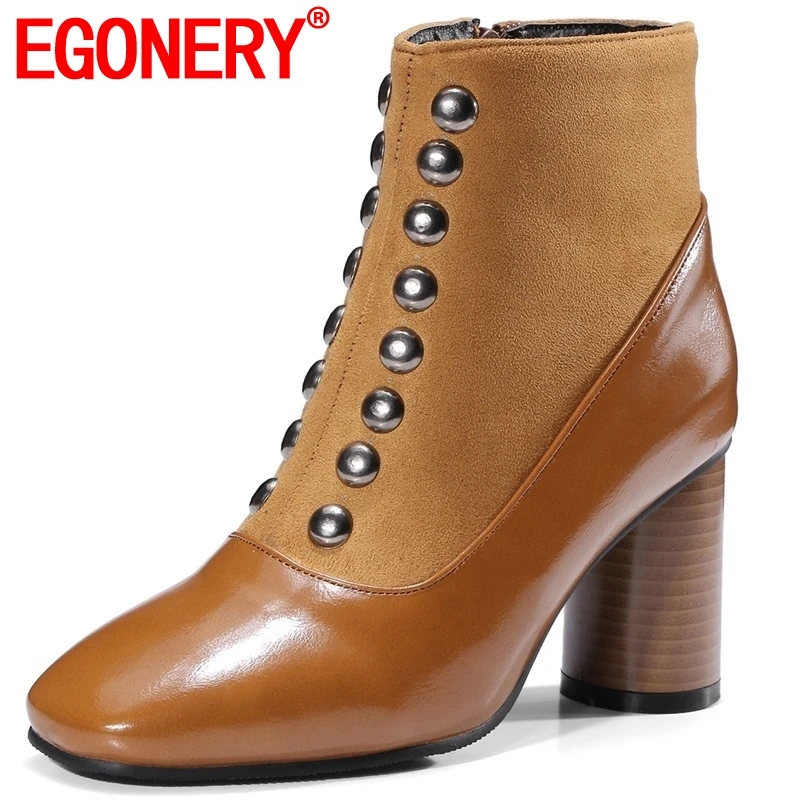 

EGONERY hot sale new fashion concise suqare toe high strange style zipper women ankle boots winter large size metal rivet shoes