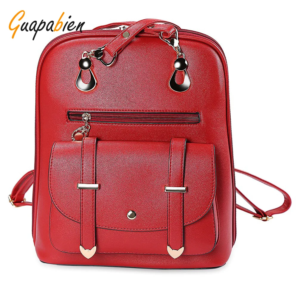 Guapabien Red Black PU Leather Backpacks for Teenage Women Backpack Girls Female School Shoulder Bag Travel