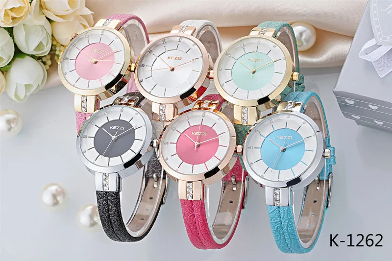 KEZZI Брендовые женские наручные часы с кожаным ремешком, модные инкрустационные стразы, Простой циферблат, японский кварцевый механизм, женские часы