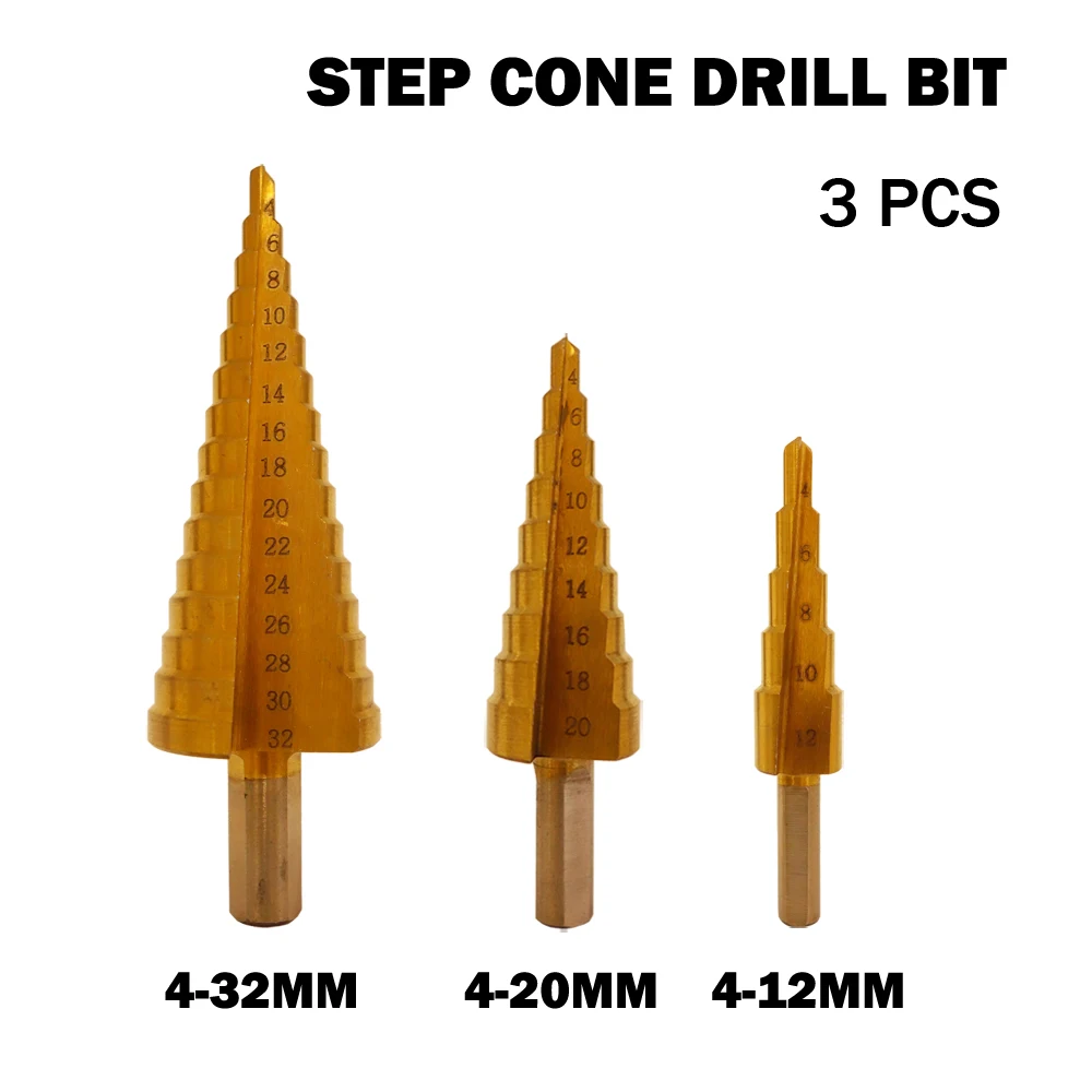 

Large Step Cone HSS Steel Spiral Grooved Step Drill Bit Hole Cutter Cut Tool 4-12/20/32mm 3pcs/Set Wholesale