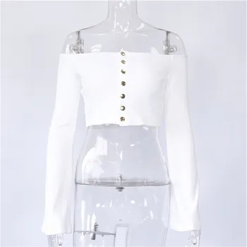 

Off Shoulder White T-shirt Button Pagoda Sleeve TShirts Women's Tee Slim Crop Tops 2018 Sexy Tshirt Female Cropped Tide H