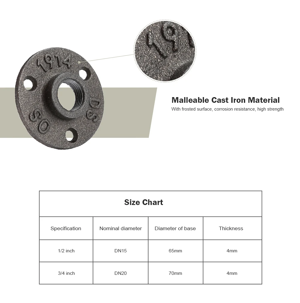 10Pcs DN15 1/2" DN20 3/4" Cast Iron Flanges Malleable Iron Pipe Fittings Wall Mount Floor Flange Piece DIY Pipe Shelf Hardware