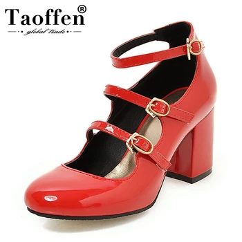 

TAOFFEN Women Square High Heels Shoes Patent Leather Buckle Round Toe Heeled Pumps Lady Leisure Ankle Strap Footwear Size 34-43