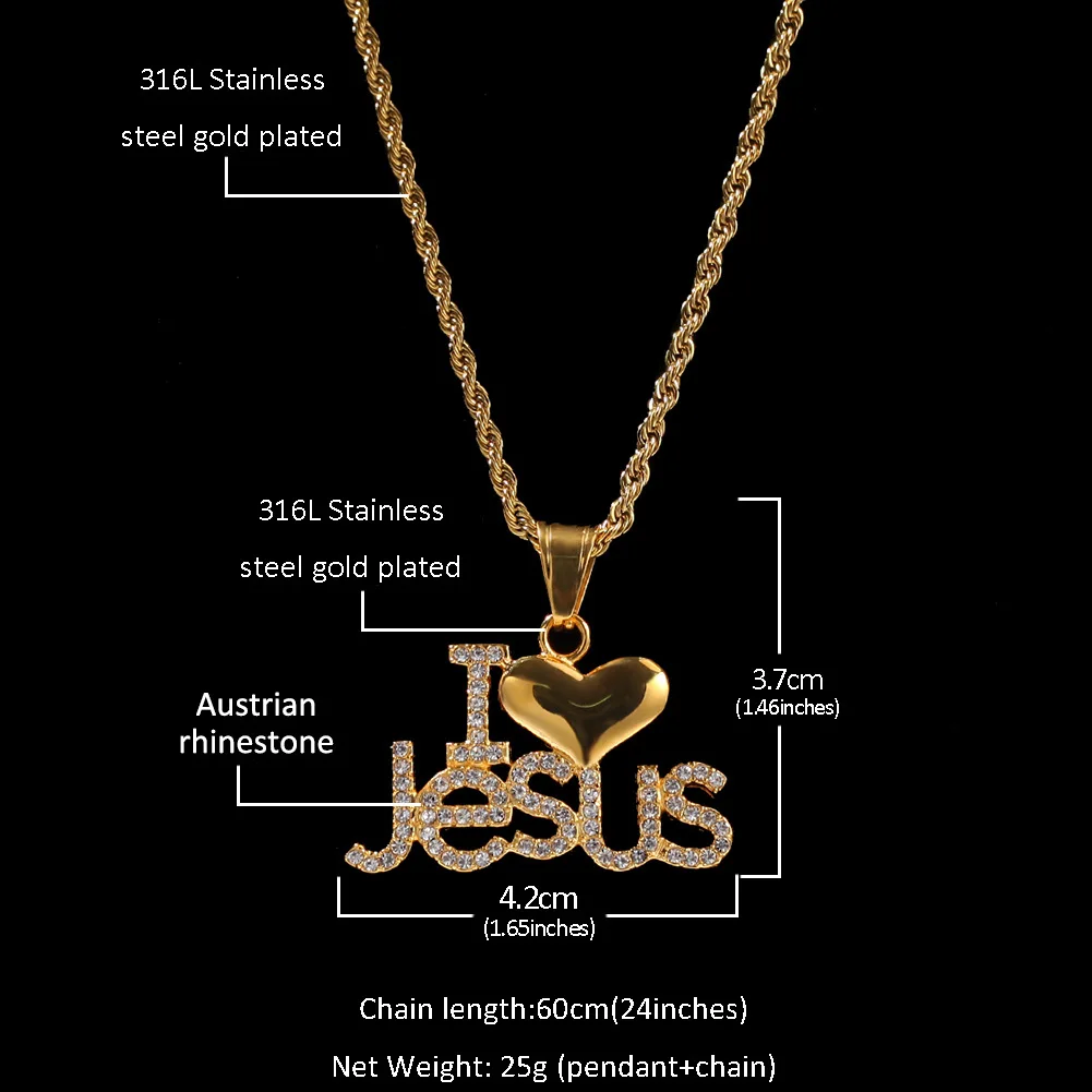 Хип-хоп мужское ожерелье из нержавеющей стали кулон я люблю Иисуса письмо кулон ILoveJesus цвет нержавеющая сталь горный хрусталь ювелирные изделия