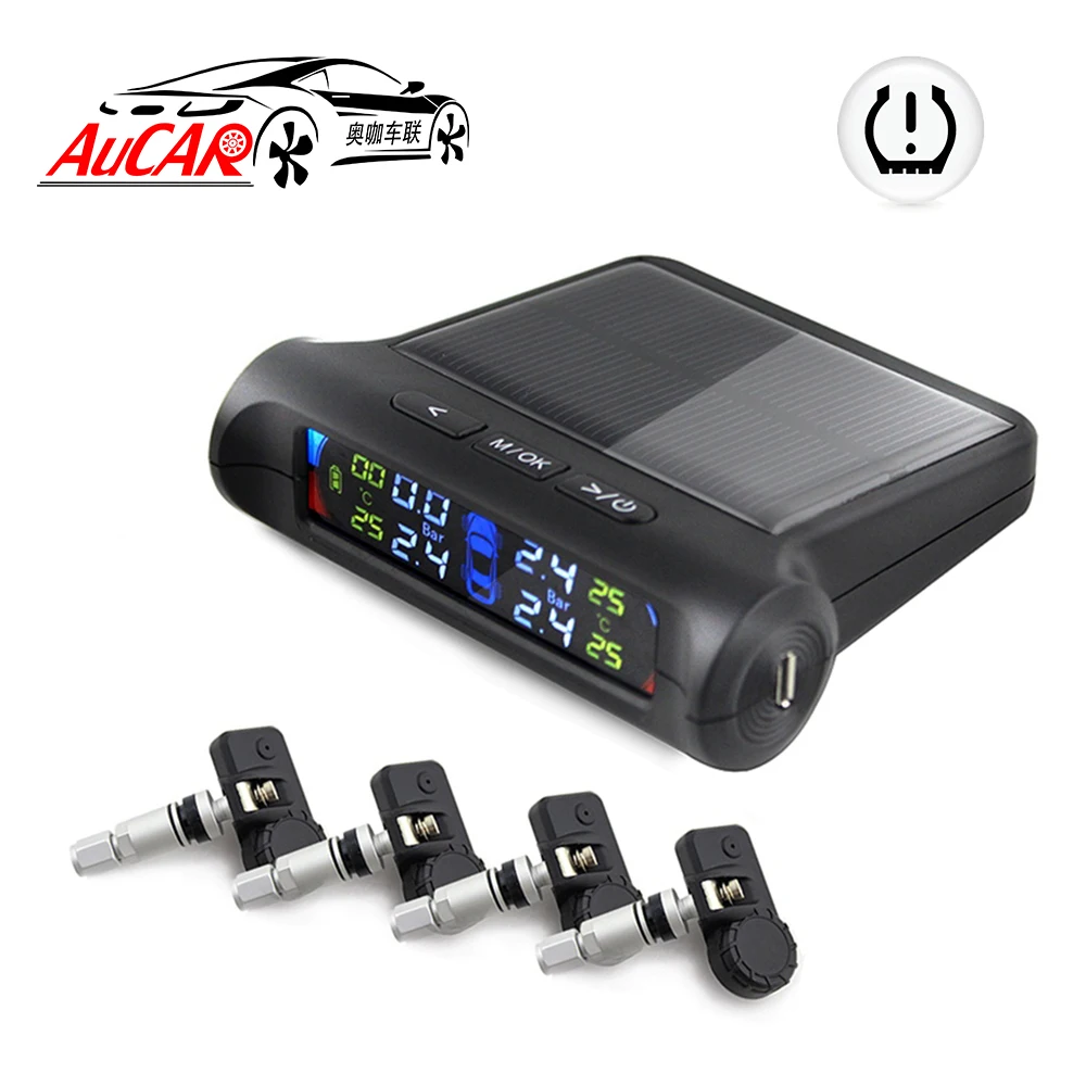 

LED Car Tire Pressure Monitoring System TPMS Solar Power Wireless LCD Display with 4 Internal Sensor Auto Security Alarm