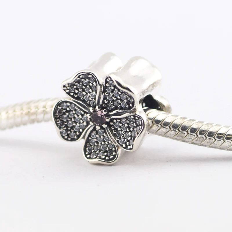 

Charms Fits Bracelets Bangles 925 Sterling Silver Sparkling Apple Blossom Charm with Blush Pink Crystal Beads for Jewelry Making