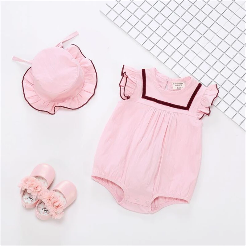 

Summer Newborn Baby Girls Romper Kids White/Pink Cute Romper With Sunscreen Hats Bebes Jumpsuit Playsuit Summer Clothes Outfit