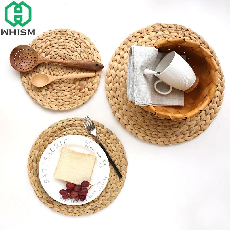 WHISM Rattan Placemats Straw Cup Coasters Dining Table Mat Heat Insulation Pot Holder Wicker Drink Coaster Kitchen Accessories