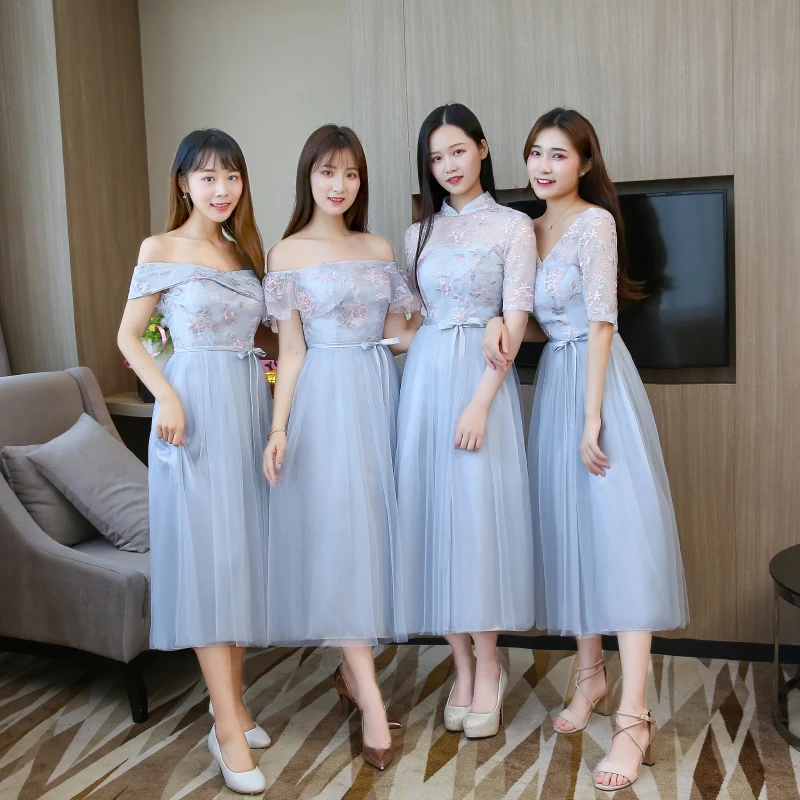 

Blue Grey Midi Dress Bridesmaid Dresses Short Sleeves Wedding Party Dress Embroidery Back of Bandage