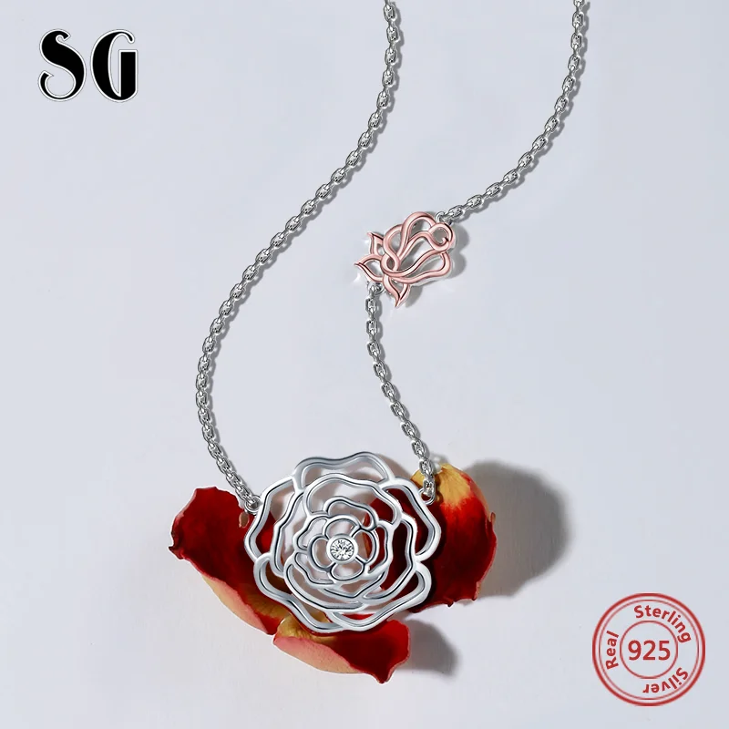 

SG 925 sterling silver rose flower necklace with Cutout Fashion Pendant Necklace wedding Jewelry for Women Girls Female
