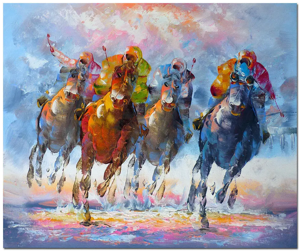 Horse Racing Polo Sport Original Oil Painting on Canvas Impressionistic Art 19 dans Peinture et