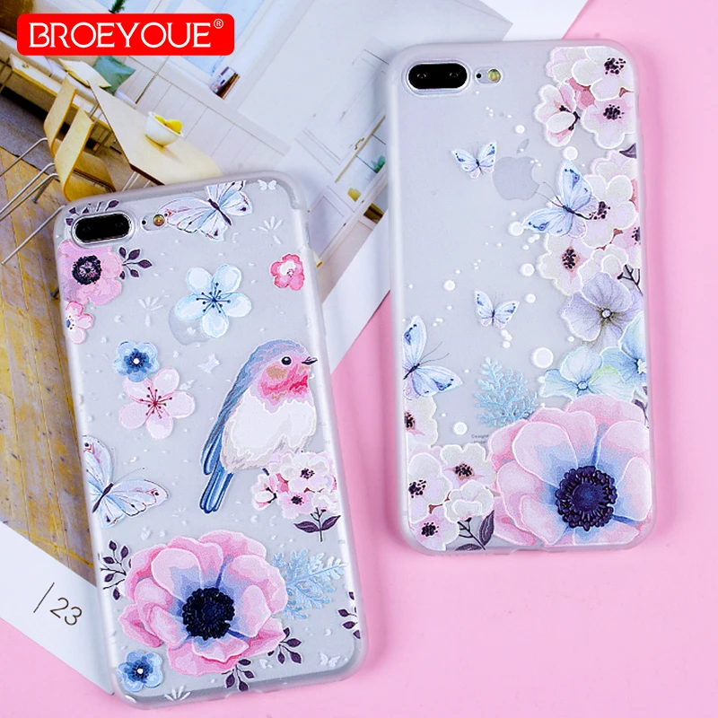 

Transparent Case For iPhone SE X 5 5S 6 6S 7 8 3D Relief Animal Flowers Colorful Phone Shell For iPhone X 7 8 Plus Soft TPU Case