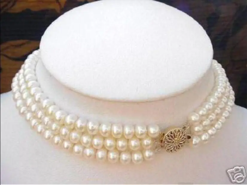 

free shipping ****3 ROWS 7-8MM White Akoya Cultured Pearl Choker Necklace 17"-19