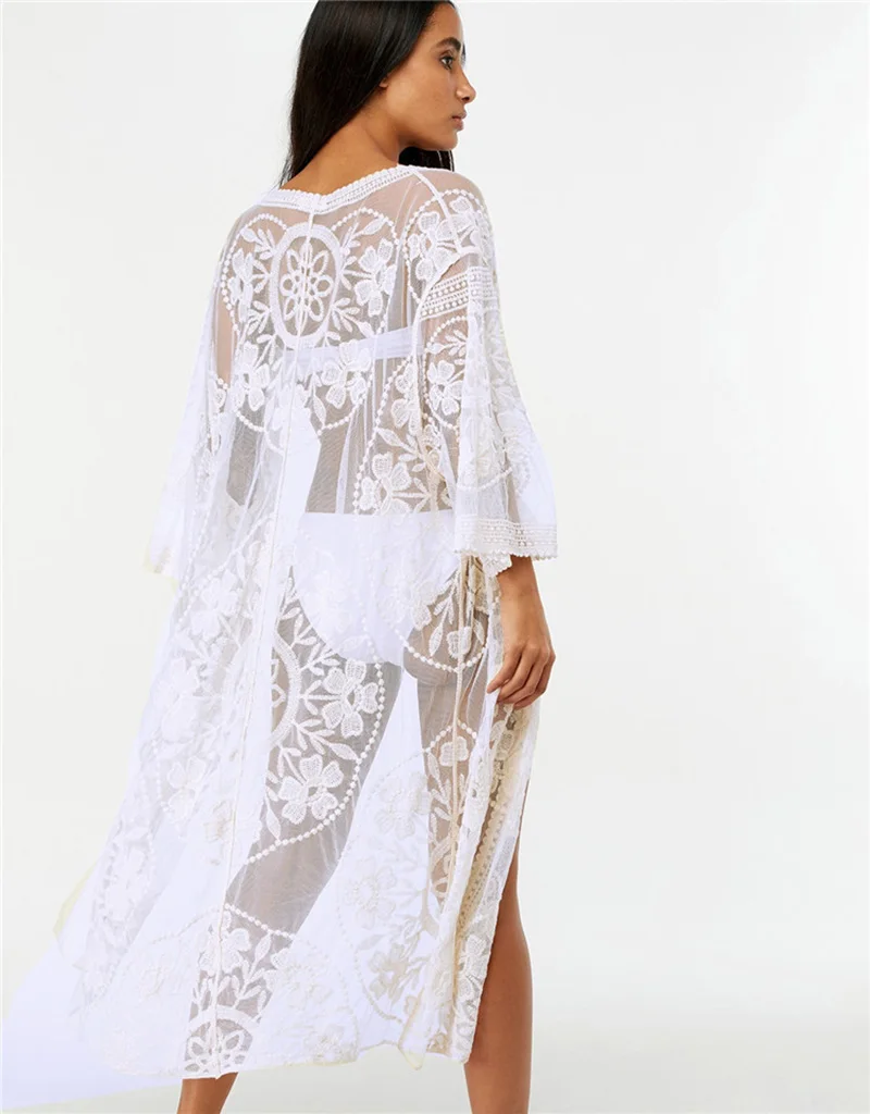 Fitshinling Flower lace beach cover up swimwear kimono flare sleeve see through long cardigan bikini outer cover sexy cover-ups