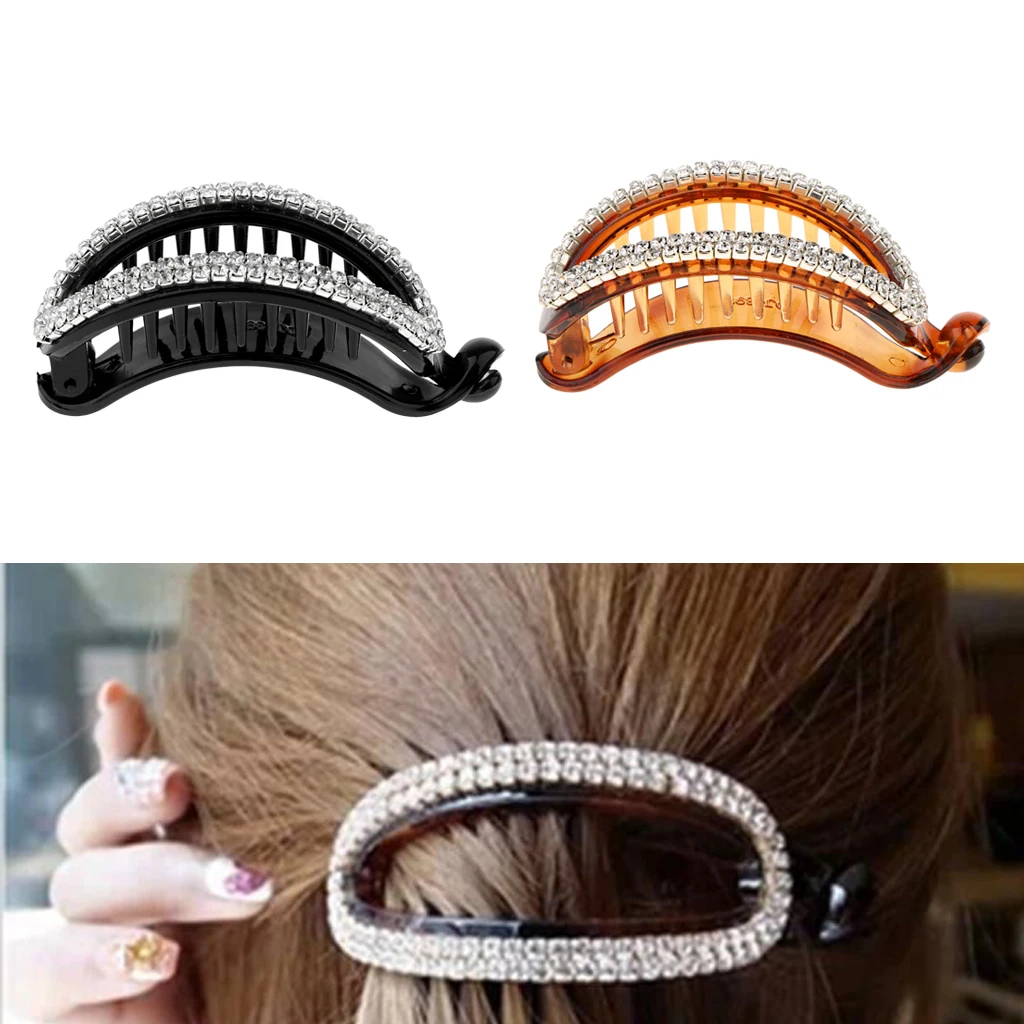 2pcs Women Lady Hollow Rhinestone Hair Banana Clip Ponytail Holder Clamp Crystal Hair Accessories Black Brown