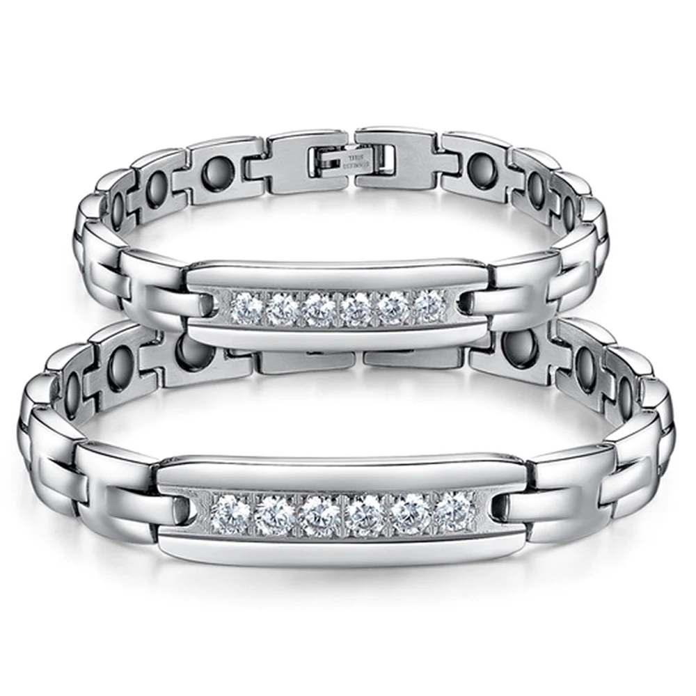 

Stainless Steel Couple Bracelet CZ Crystal Jewelry Energy Magnetic Bracelets Bangles For Men Women Fashion Lovers Gifts Pulseras