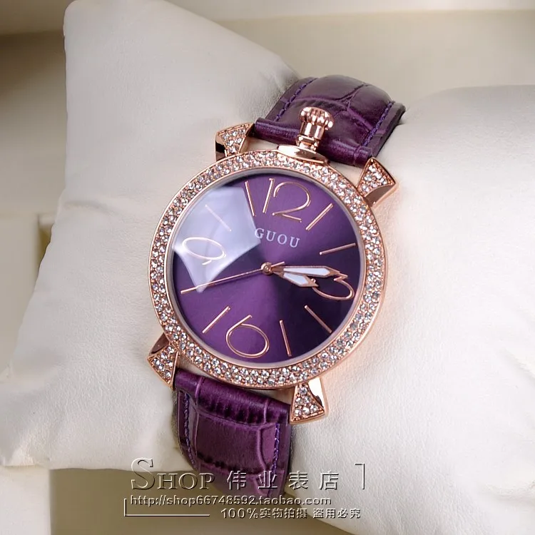 GUOU, фиолетовые, розовое золото, для женщин, люксовый бренд, полностью Стразы, часы для девушек, натуральная кожа, ремешок, кварцевые часы для женщин, известные наручные часы