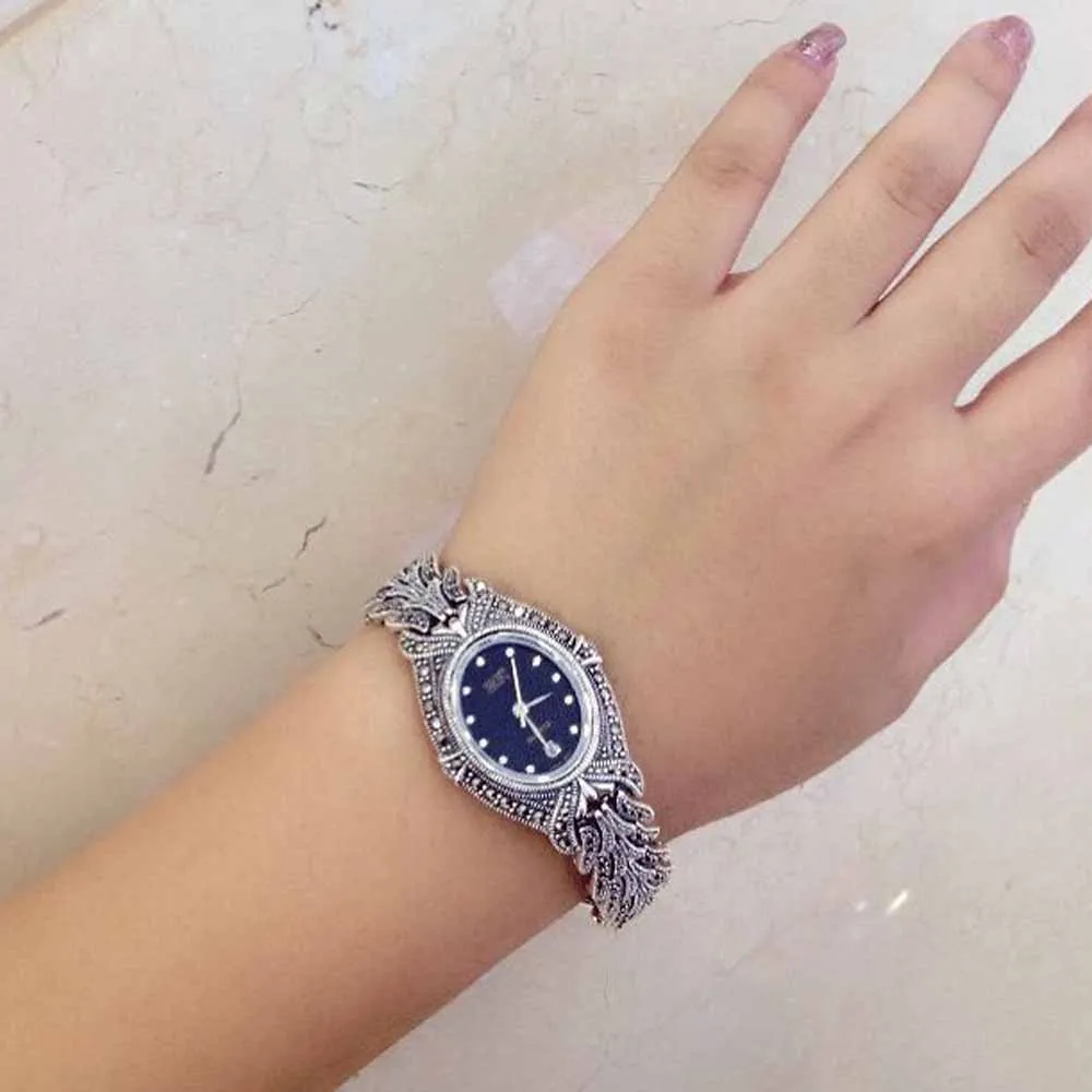 Jade Angel, женские винтажные часы с марказитом, тайские 925 пробы, Серебряные наручные часы, рождественские подарки, подарки на день благодарения, подарки на день рождения