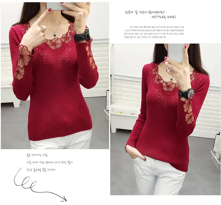 Women Pullovers 2019 Flower Lace Pullover Sweaters Fashion Round Collar Knitted Tricot Pull Fall High Elastic Sweater Women (7)