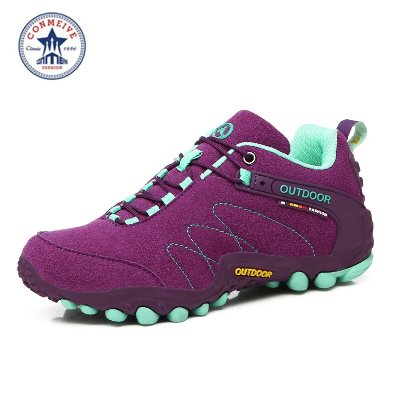 Уличные треккинговые ботинки sapatilhas скалолазание кожа кемпинг senderismo резиновая шнуровка мужские топ продаж зимние средние(b, m - Цвет: Purple  Woman