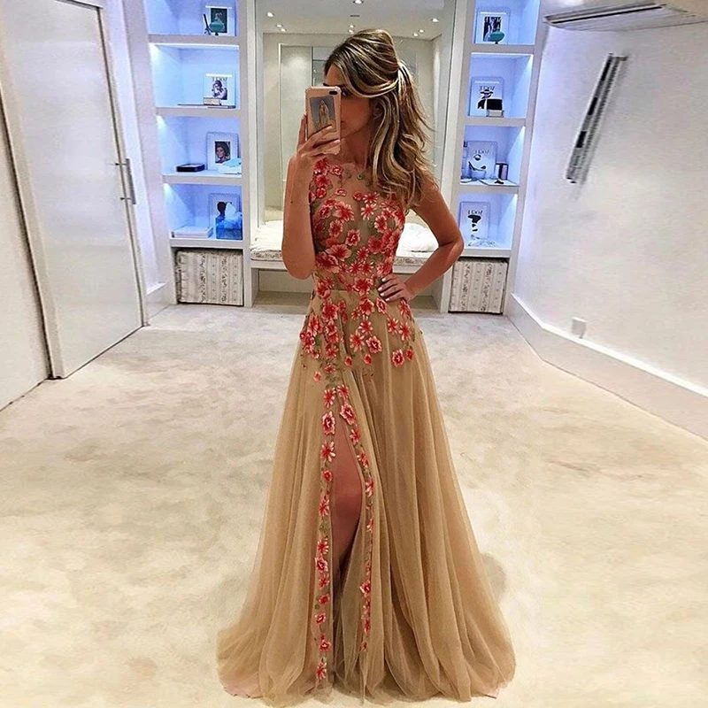 

Party Dress Sexy Women Backless Sleeveless Dress Side Slit Champagne Print Embroidery Dress Vintage Long Prom Gowns Dress 2019