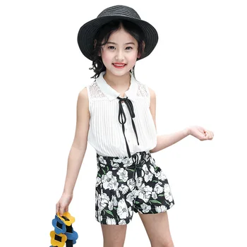 

Fashion Girls Clothing Set Children Chiffon Sleeveless Outfits Teenagers T-Shirt Short 2Pcs Clothes Suits for 6-14T AA11772