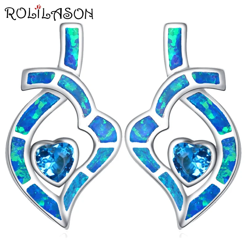 

ROLILASON Victoria mysterious earrings for girls Blue Fire Opal Silver Stamped Stud Earrings Zirconia Fashion Jewelry OE719
