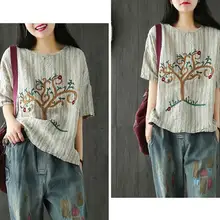 Свободная льняная футболка с круглым вырезом и вышивкой в виде маленького дерева на груди, футболка mori girl