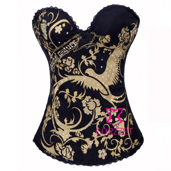 Fashion Gold Phenix Pattern Black Overbust Corset Europe Corpete Women