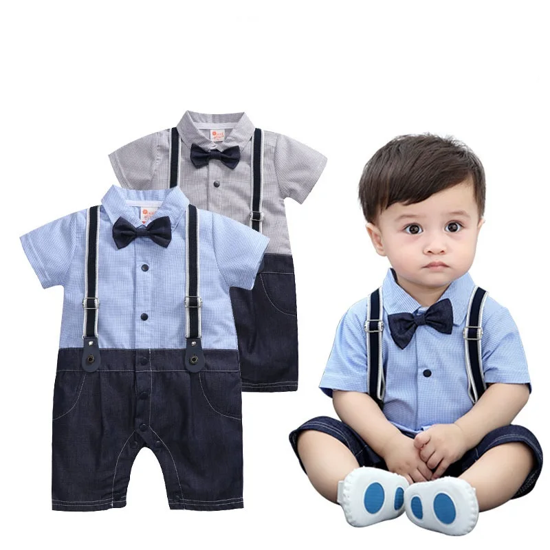 New Summer Newborn Baby Boys Romper Formal Gentleman Denim Bowknot