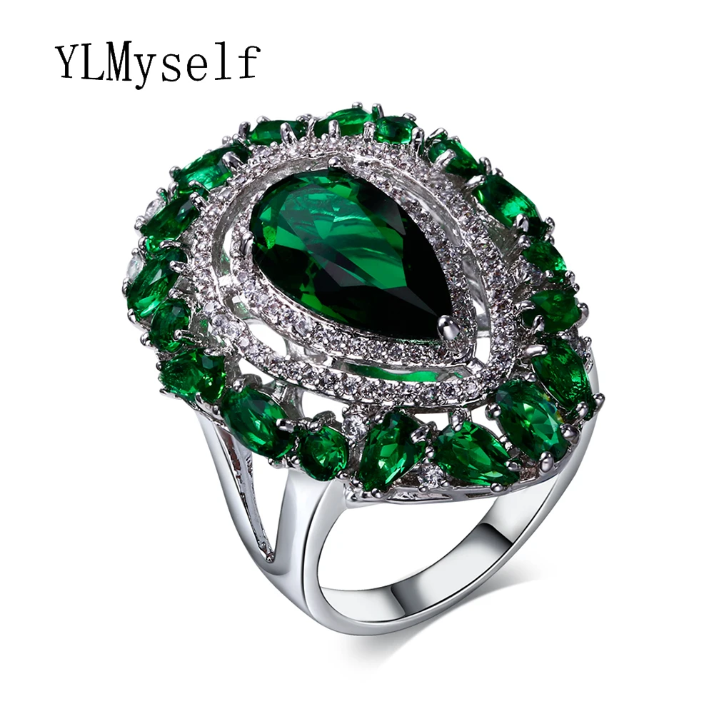 

Fashion jewelry Large water drop stone ring setting with champagne and Green crystal cubic zirconia White plate women rings