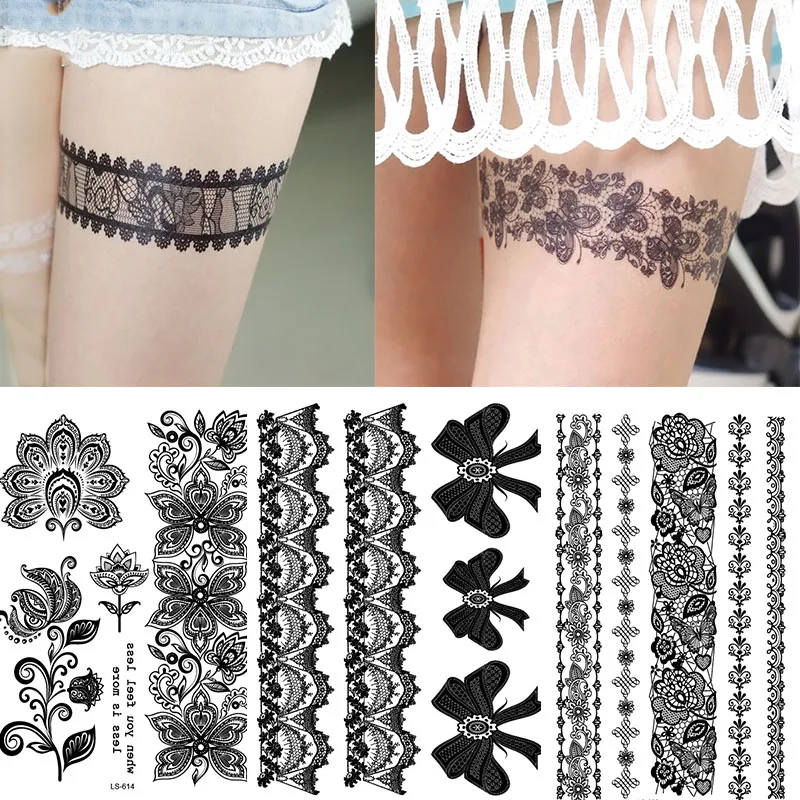

30 styles Women Black lace Tattoo for Neck Arms Sleeve water transfer rose flower leaf Temporary Tattoo Sticker RA018
