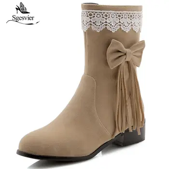 

Sgesvier Size 31-47 Women Mid Calf Boots Bowtie Thick Heel Short Boots Autumn Winter Tassel Botas For Woman Footwear OX915