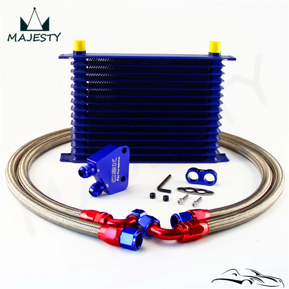 Universal 15 Row Engine Oil Cooler Kit + Sandwich Plate adapter For LS1 LS2 LS3 BLUEengine oil