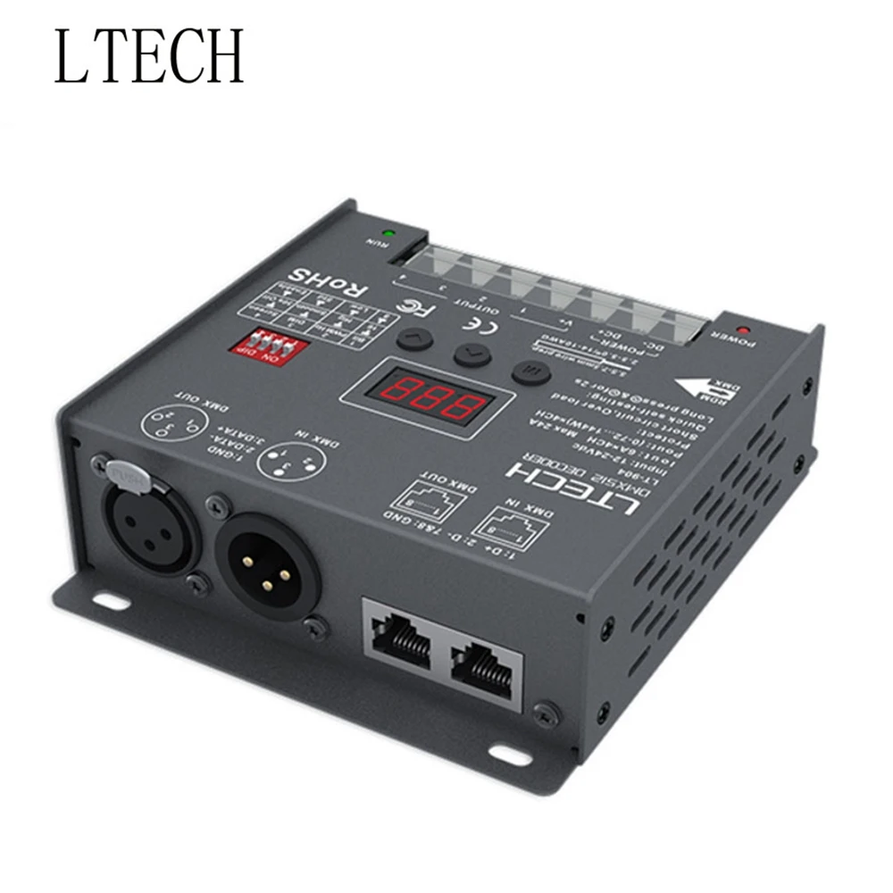 

LTECH 4CH CV DMX Decoder LT-904 DC12-24V Input 6A*4CH Output DMX512/RDM/3-pin XLR RJ45 For Led Lights